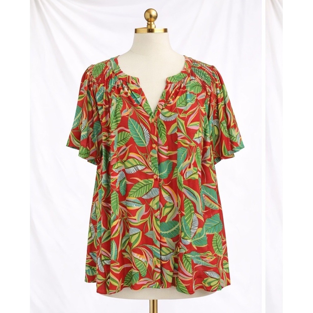 Rose & Olive Button Up Top Vibrant Red Tropical Palm Floral Print V-Neck Size 3X